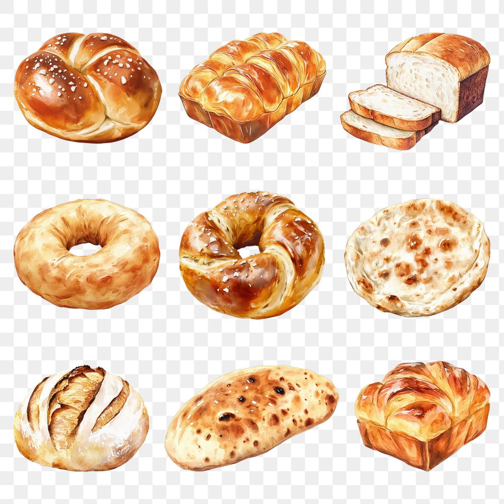 Bread png watercolor food element set, transparent background