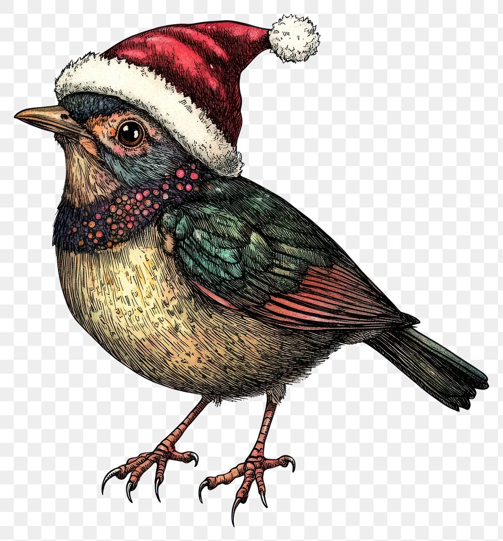 PNG A bird wearing christmas hat illustration design art.