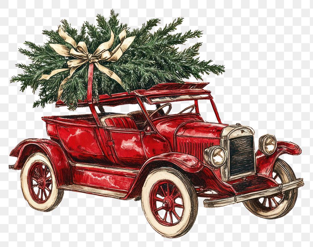 PNG A red car carry a christmas tree illustration automobile vehicle.