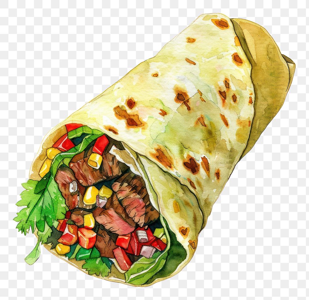 PNG An isolated beef burrito food watercolor vibrant.