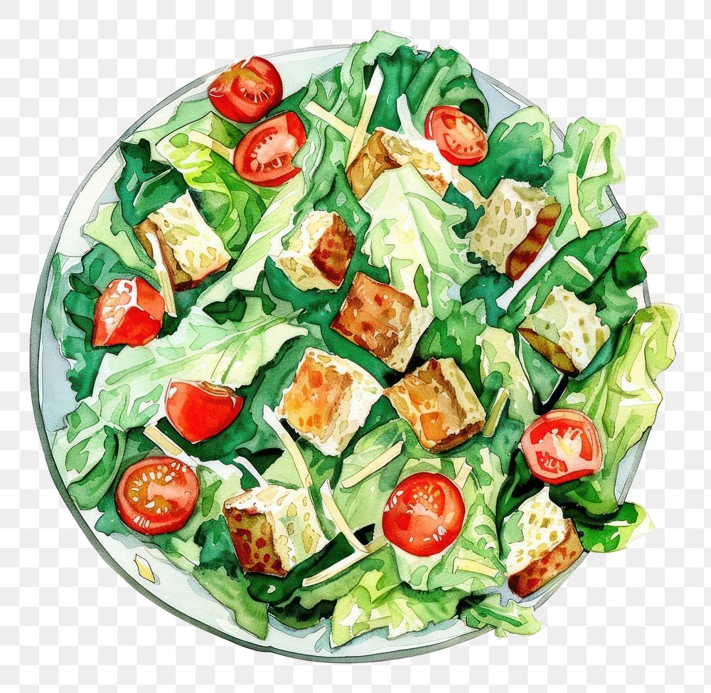 PNG An isolated ceasar salad food watercolor vegetables.