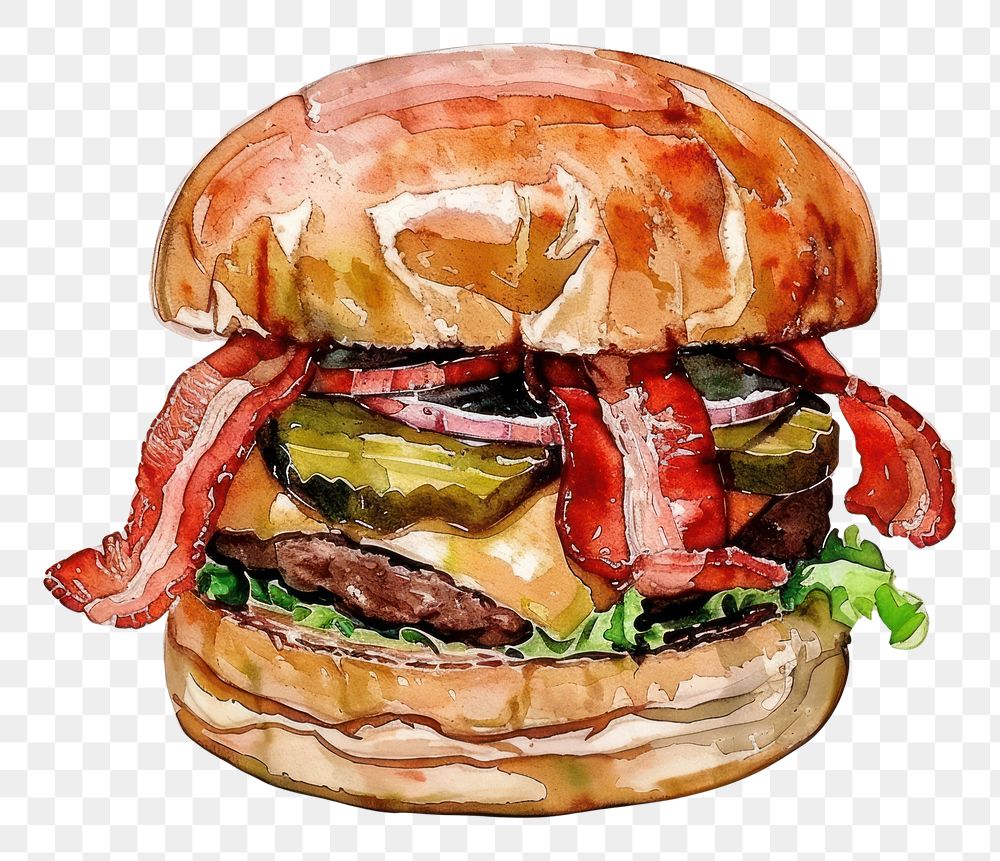 PNG An isolated bacon beef burger food illustration watercolor.