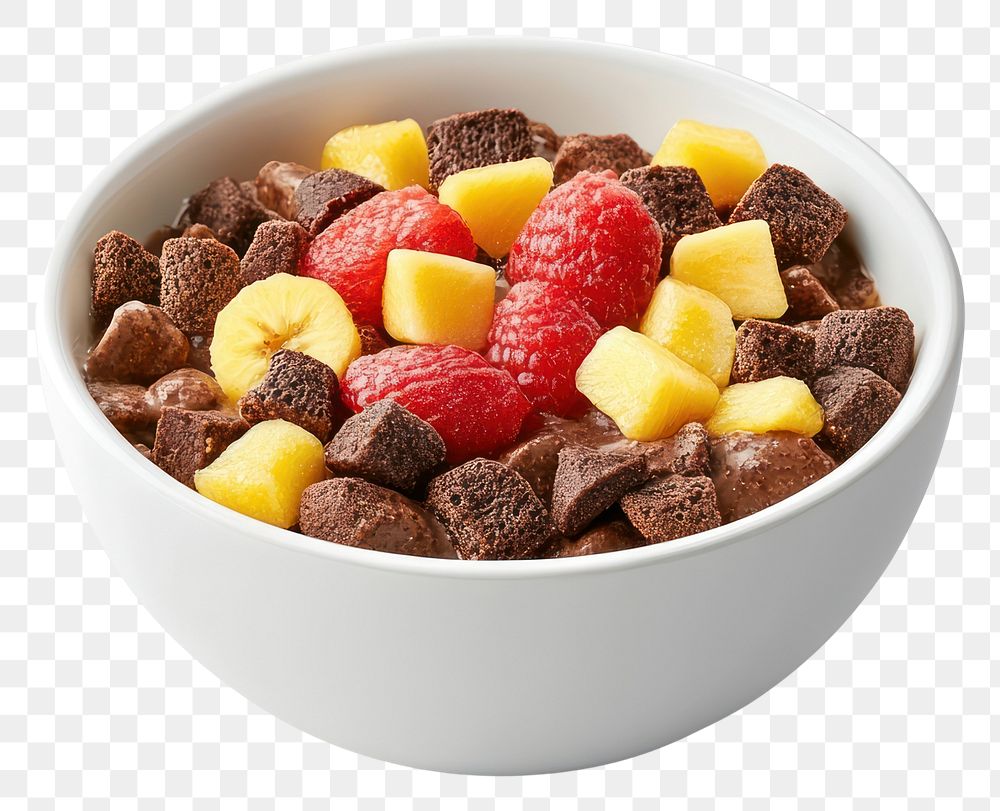 PNG An isolated cocoa cereal with fruit in a clean white bowl raspberry food breakfast.