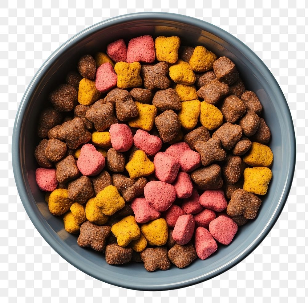 PNG An isolated mixed color dog food in a color dog bowl colors nutrition colorful.