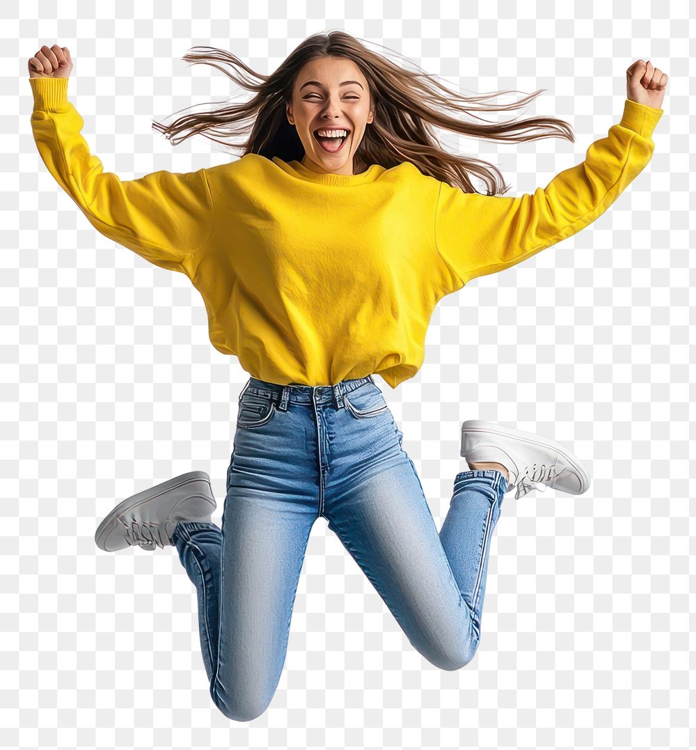 PNG A woman wearing yellow long sleeve shirt and jean jumping happily background isolated person.