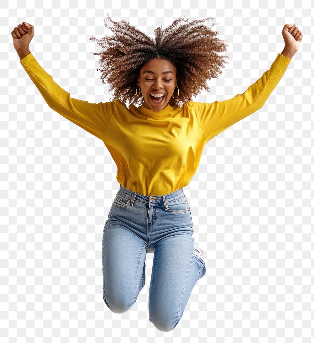 PNG An african american woman wearing yellow long sleeve shirt and jean jumping happily background person happy.