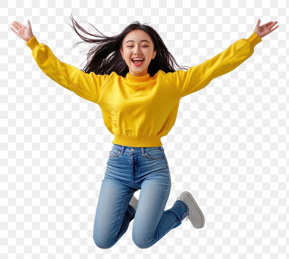 PNG An asian woman wearing yellow long sleeve shirt and jean jumping happily background person happy.