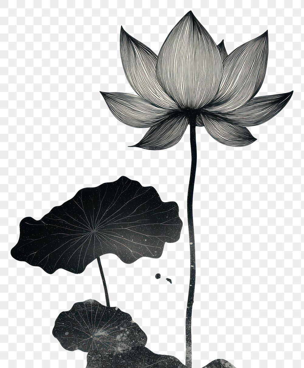 PNG Silkscreen illustration of a lotus flower design black.