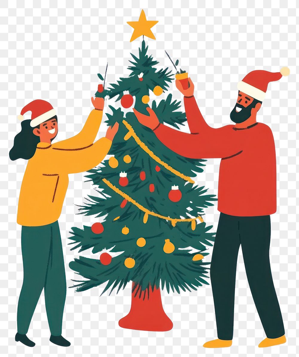 PNG Couple decorating Christmas tree christmas illustration family.