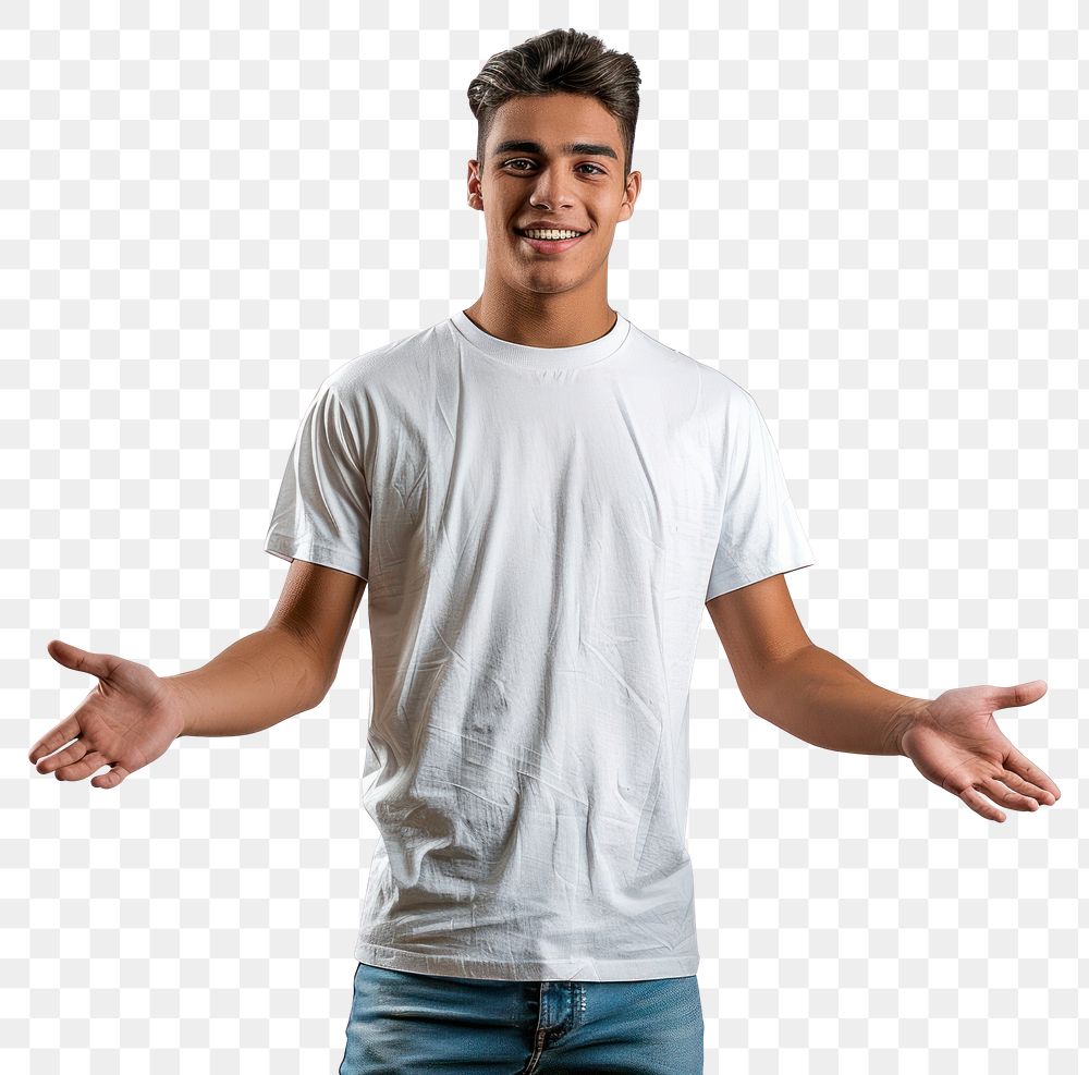 PNG Smiling young latin man t-shirt white open.