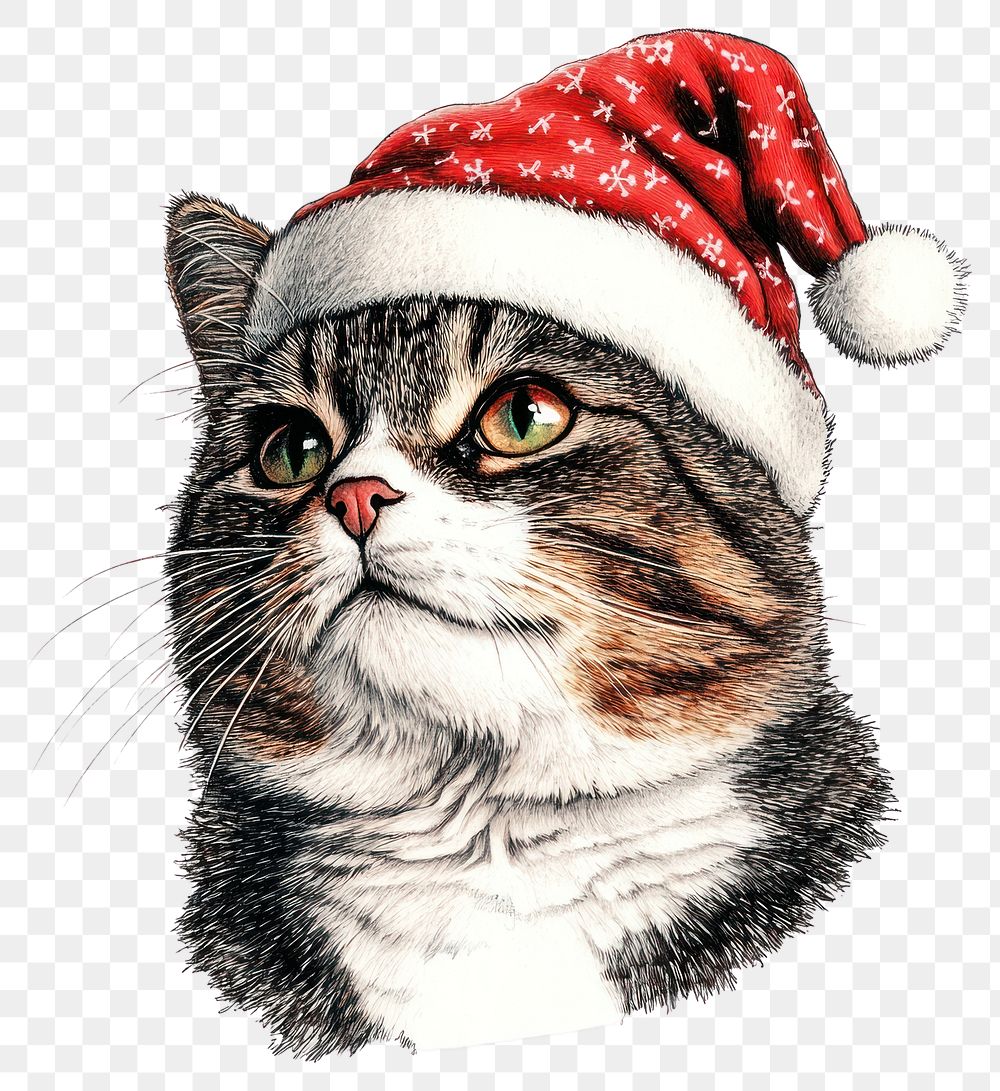 PNG A cat wearing christmas hat art illustration drawing.