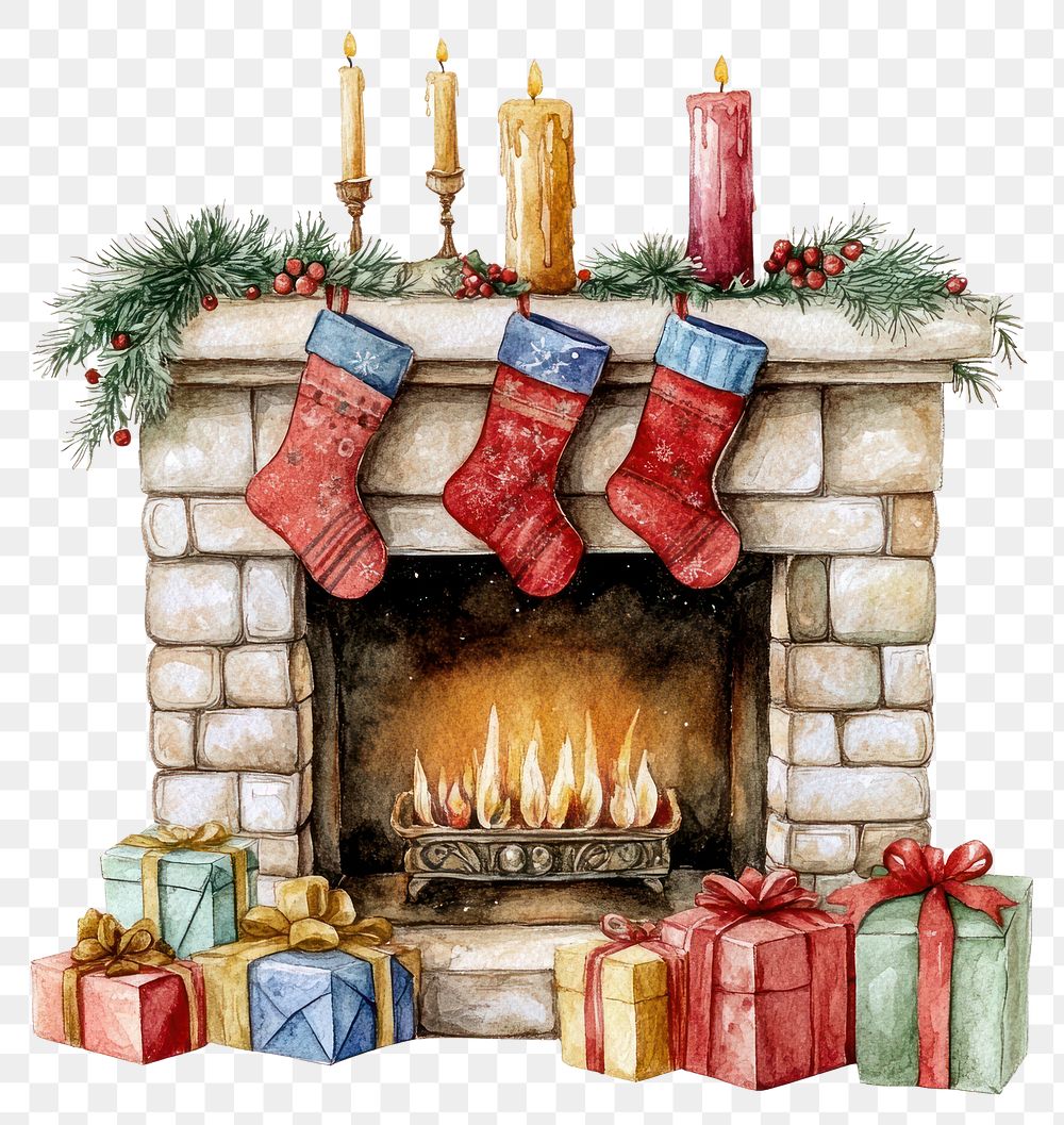 PNG Watercolor christmas fireplace stockings candles gifts.