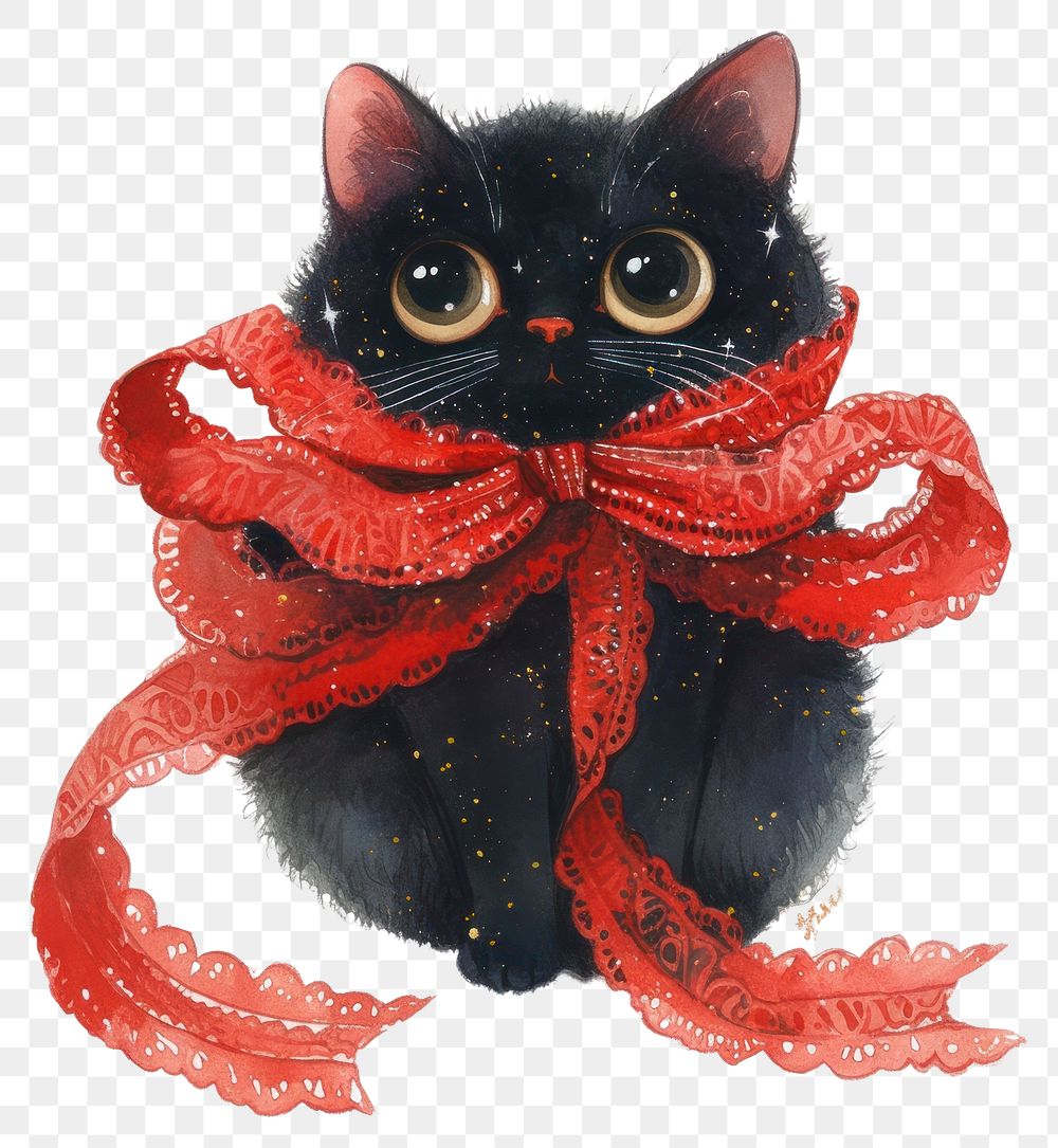 PNG Black cat illustration ribbon tie.