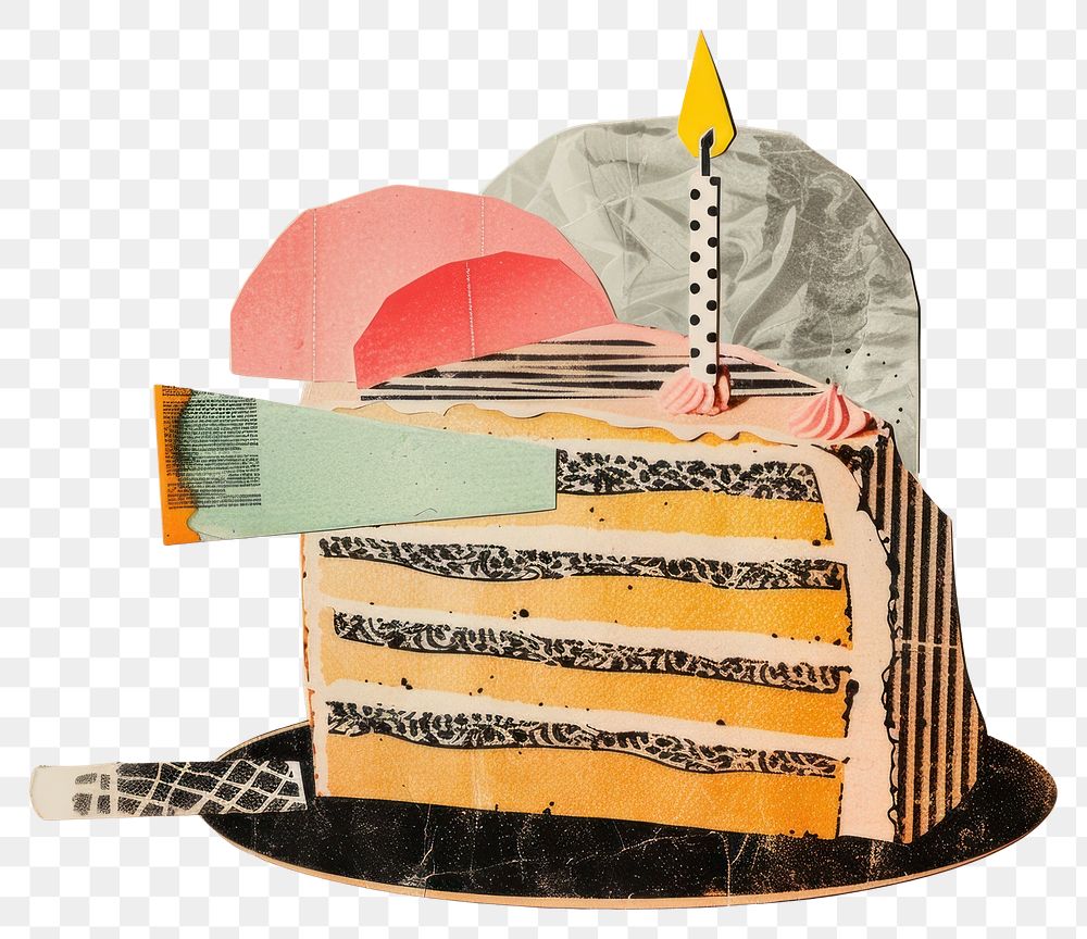 PNG Birthday cake retro paper collage illustration painting dessert.