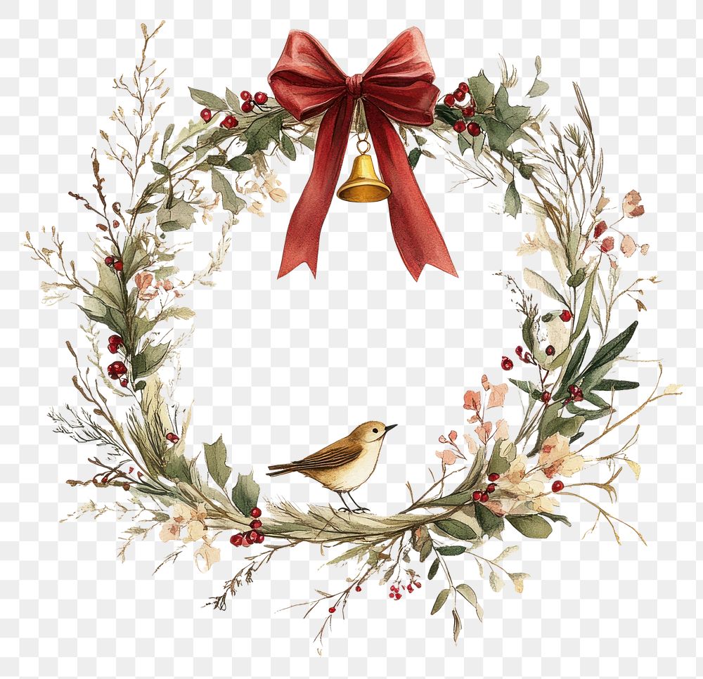 PNG Simple christmas wreath bird illustration festive.