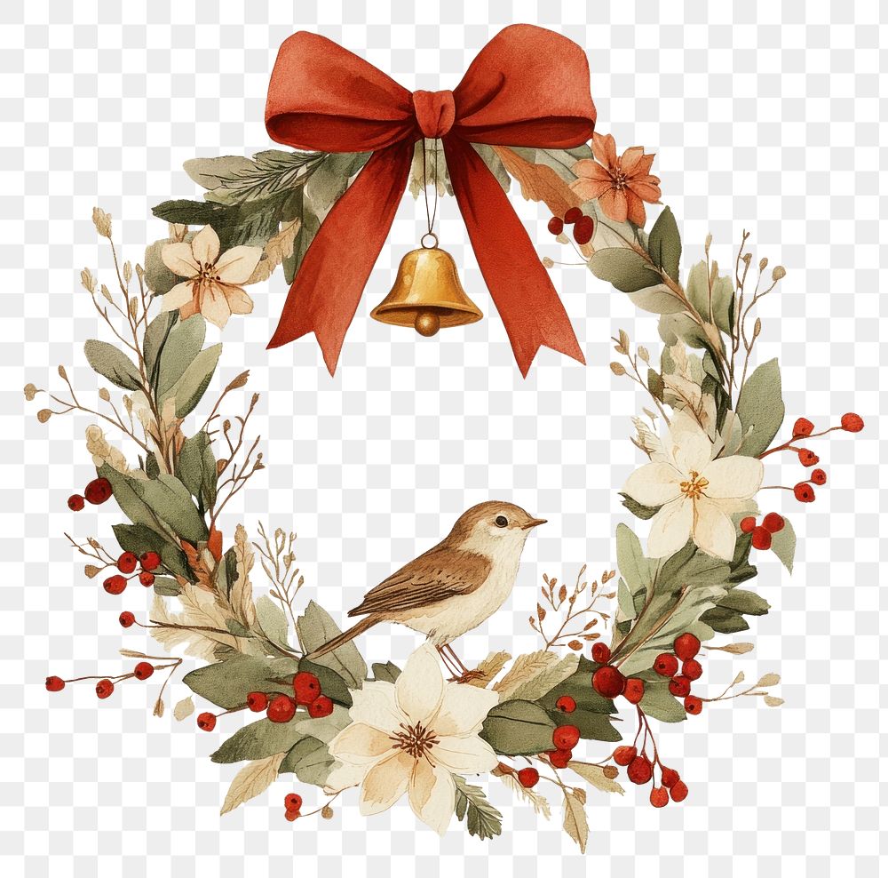 PNG Simple christmas wreath bird illustration festive.