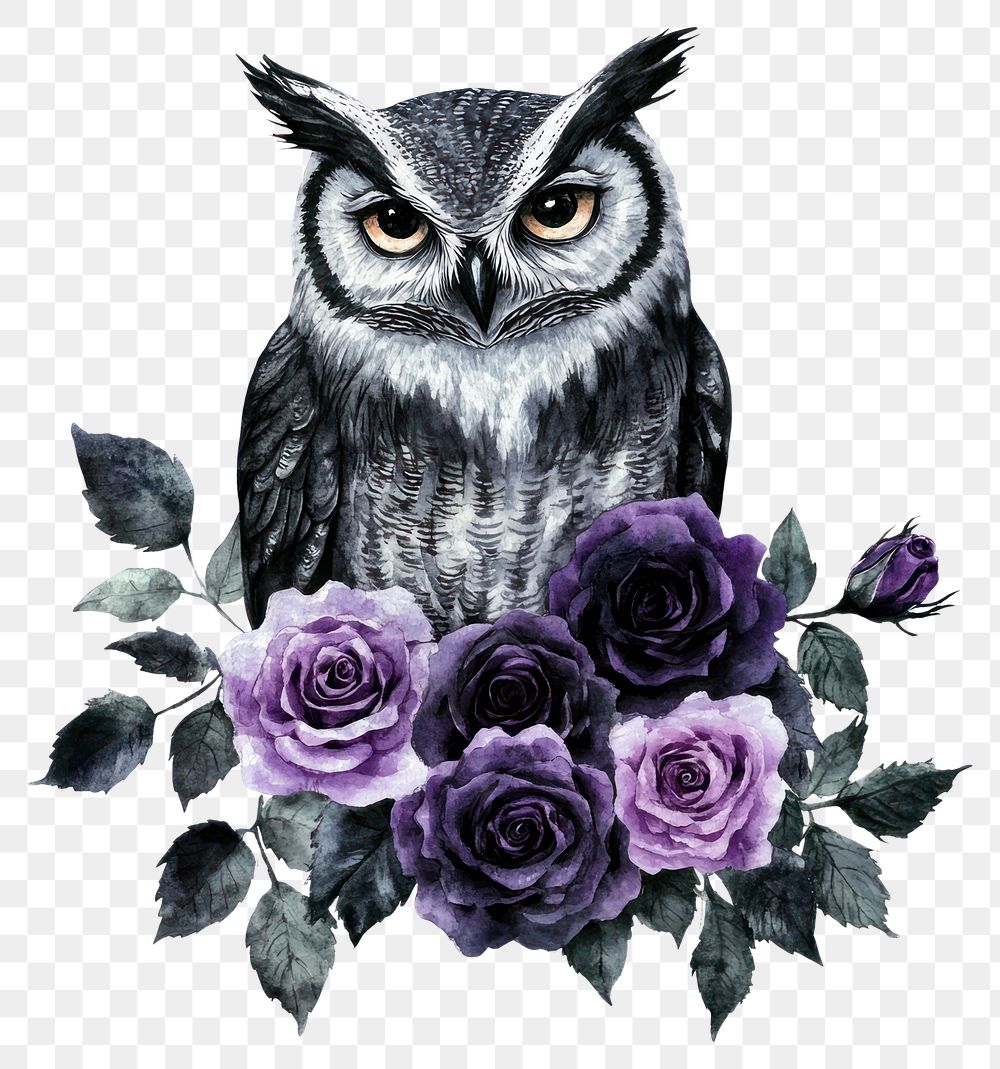 PNG Owl roses art illustration.