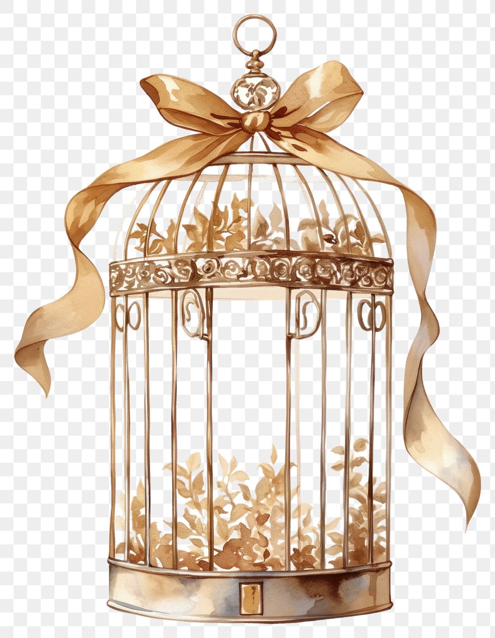 PNG Brown coquette bird cage illustration ribbon style.