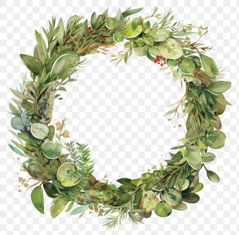 PNG Evergreen wreath watercolor style decorative.