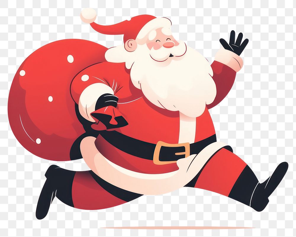 PNG Santa Claus is running with his huge red bag gift illustration cartoon white.