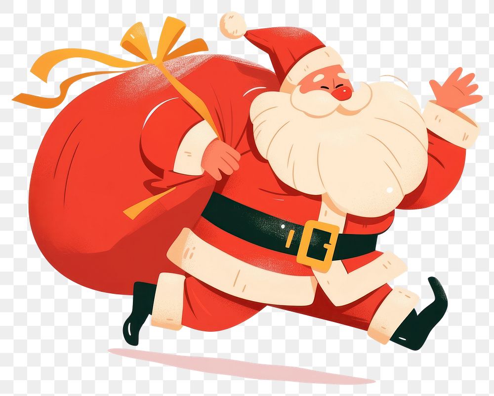 PNG Santa Claus is running with his huge red bag gift illustration cartoon white.