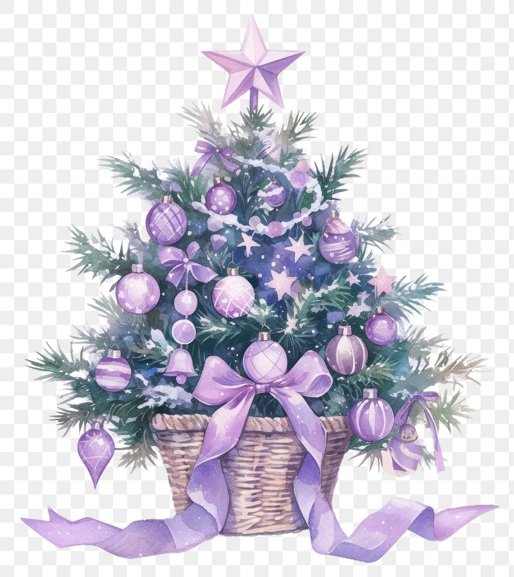 PNG Purple coquette Christmas Tree in a basket christmas illustration watercolor.