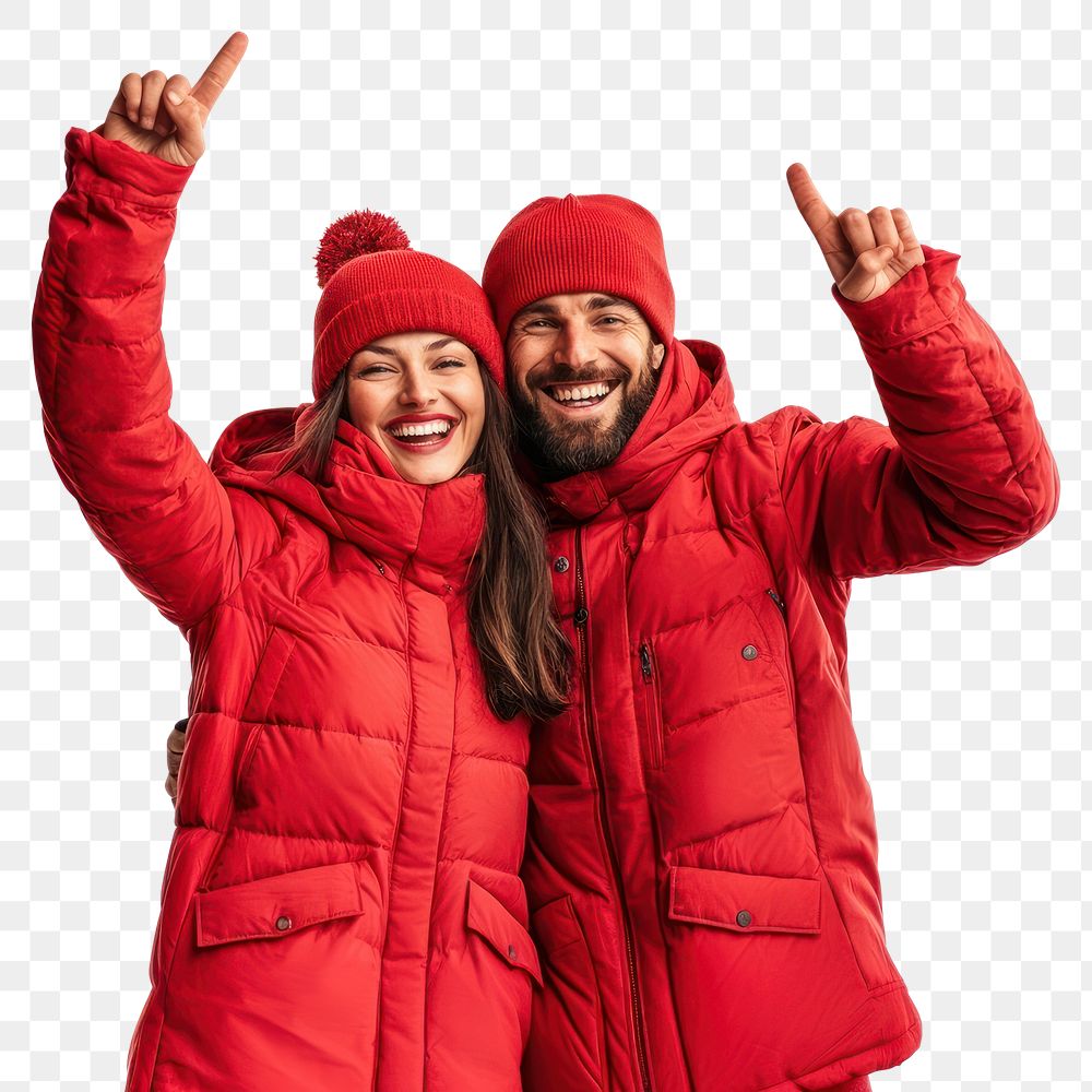 PNG Happy couple in red winter clothes happy clothing jackets.