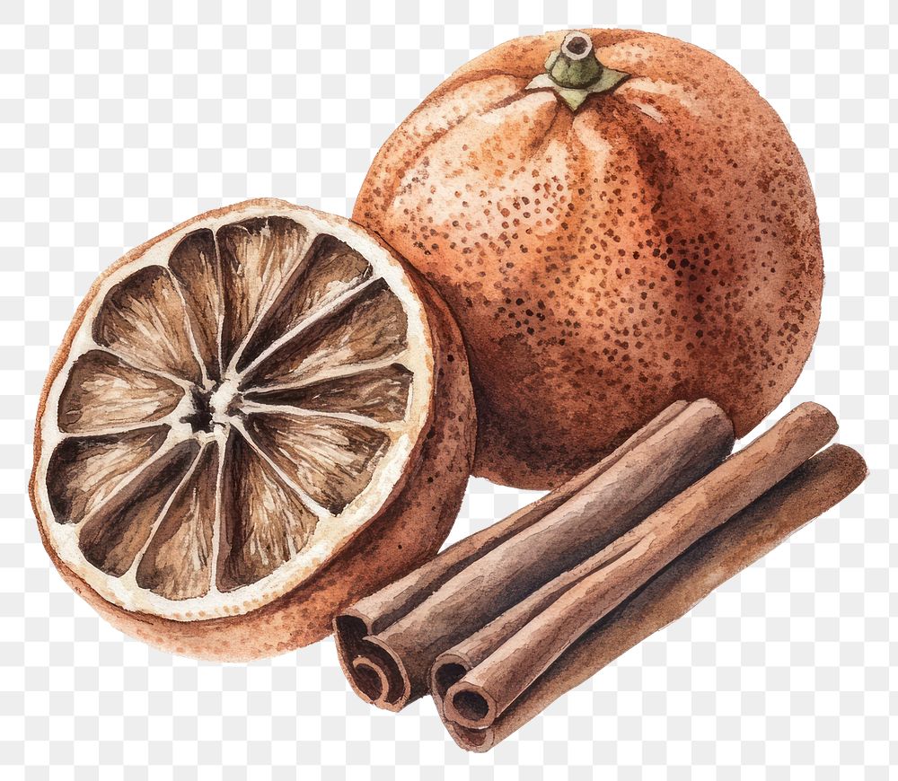 PNG Dried orange and cinnamon sticks illustration watercolor fruit.