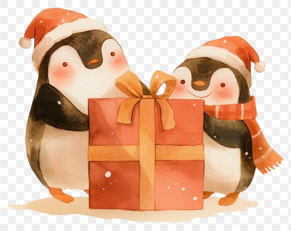 PNG Cute two penguins with one gift illustration christmas animals.