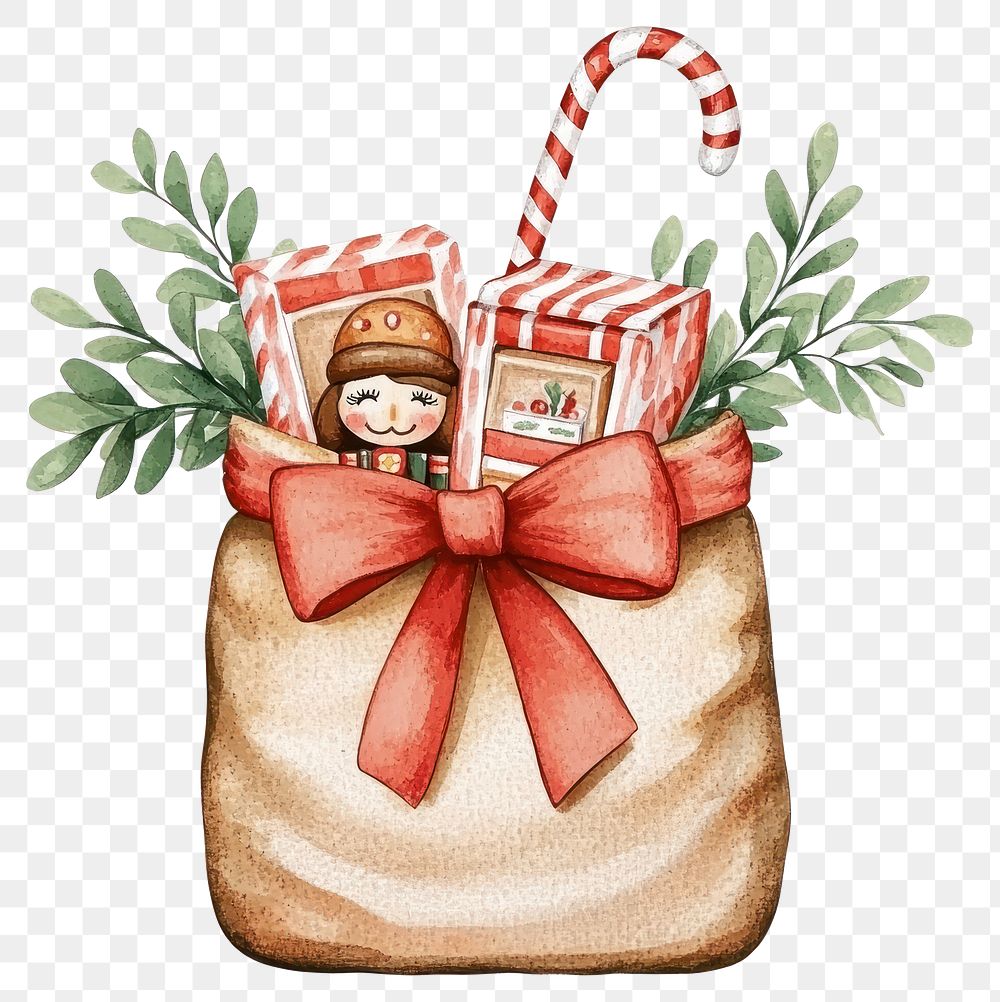 PNG F a Christmas sack filled with two gift boxes bag illustration nutcracker.