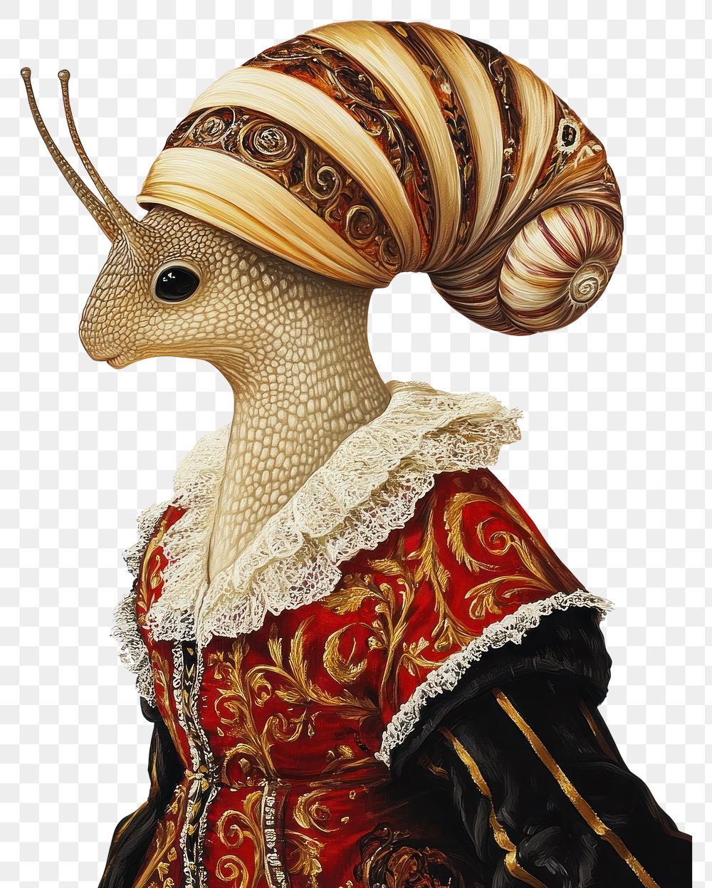 PNG Snail wears Renaissance fashion animal human art.