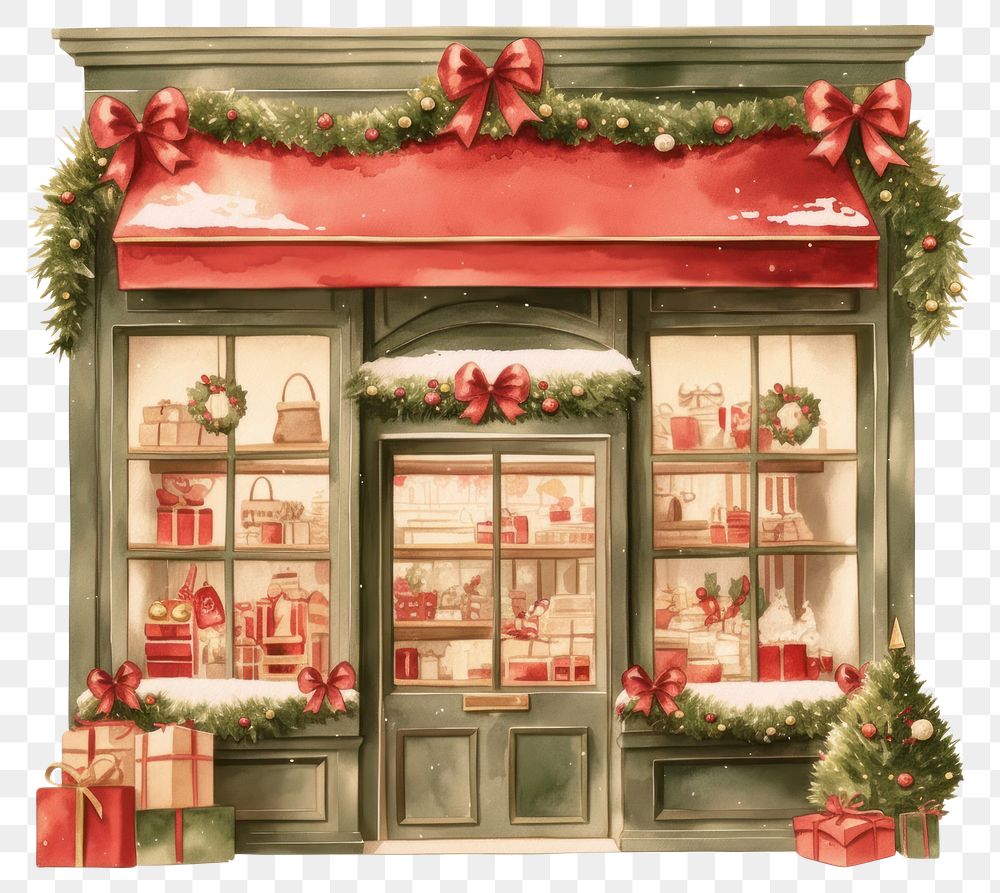 PNG Christmas storefront building with decorations christmas window gifts.