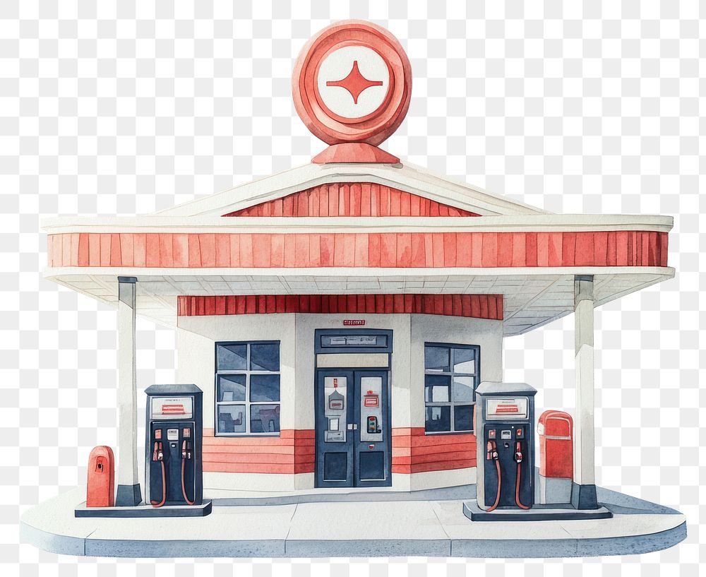 PNG Retro gas station illustration pumps architecture.