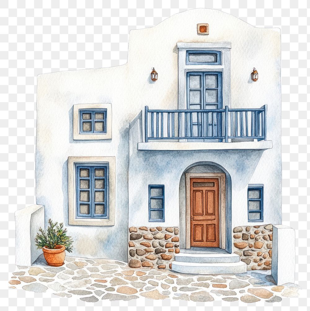 PNG Greek Santorini townhouse architecture illustration plant.