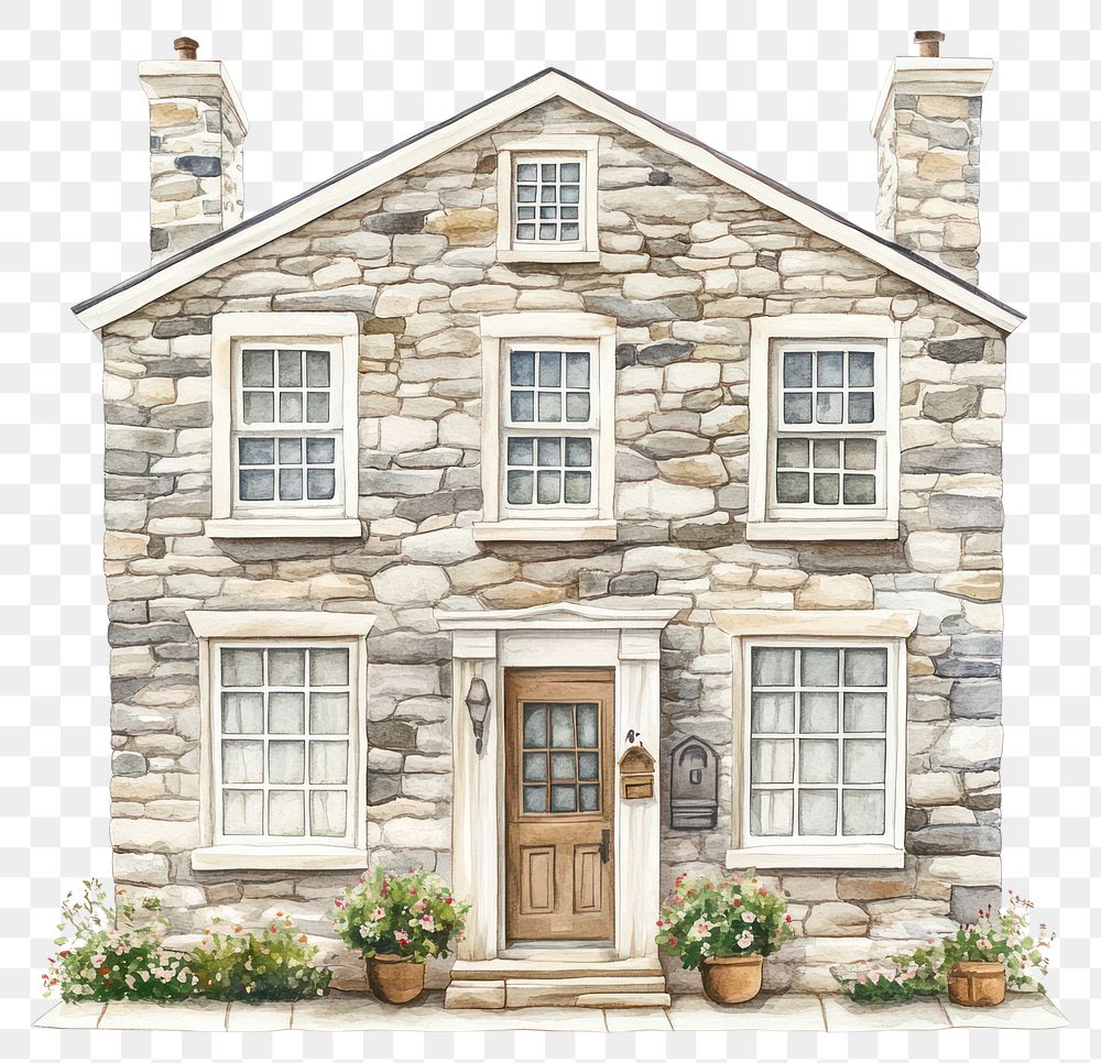 PNG Vintage stone townhouse architecture illustration watercolor.