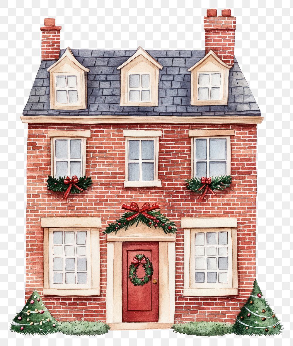 PNG Christmas brick town house christmas illustration watercolor.