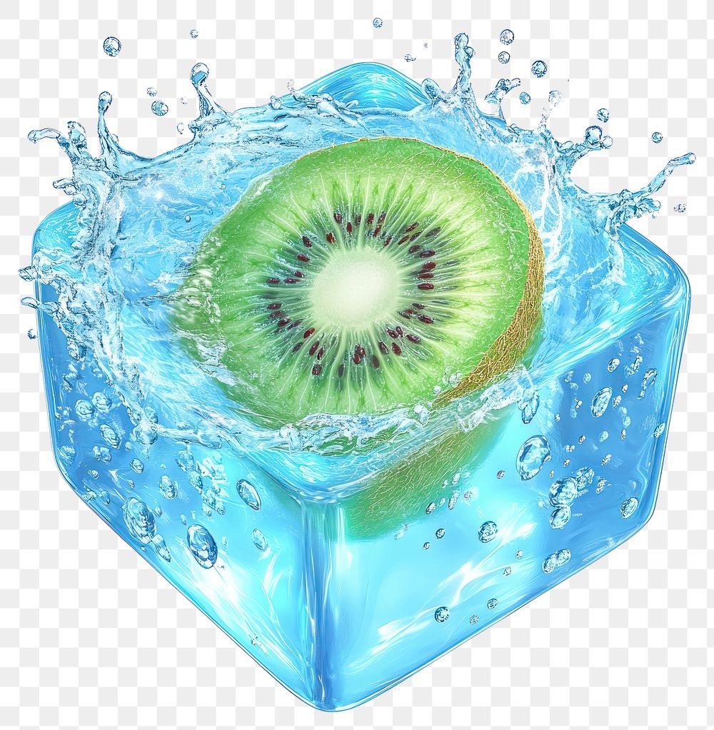 PNG Piece of kiwi fruit splash water blue.