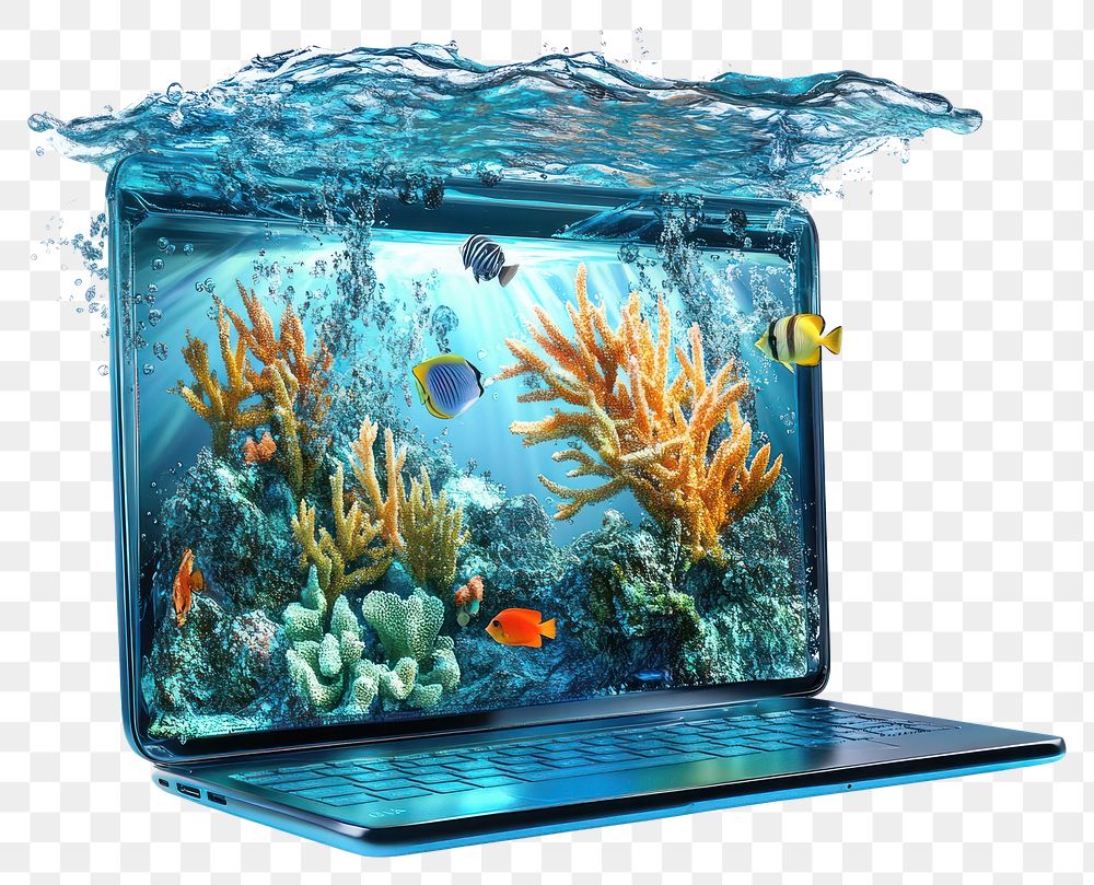 PNG Laptop screen coral reef fish aquarium digital.