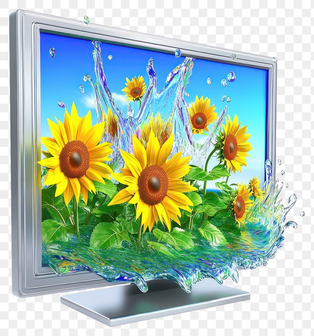 PNG Thick monitor screen falling sunflower flowers realistic.