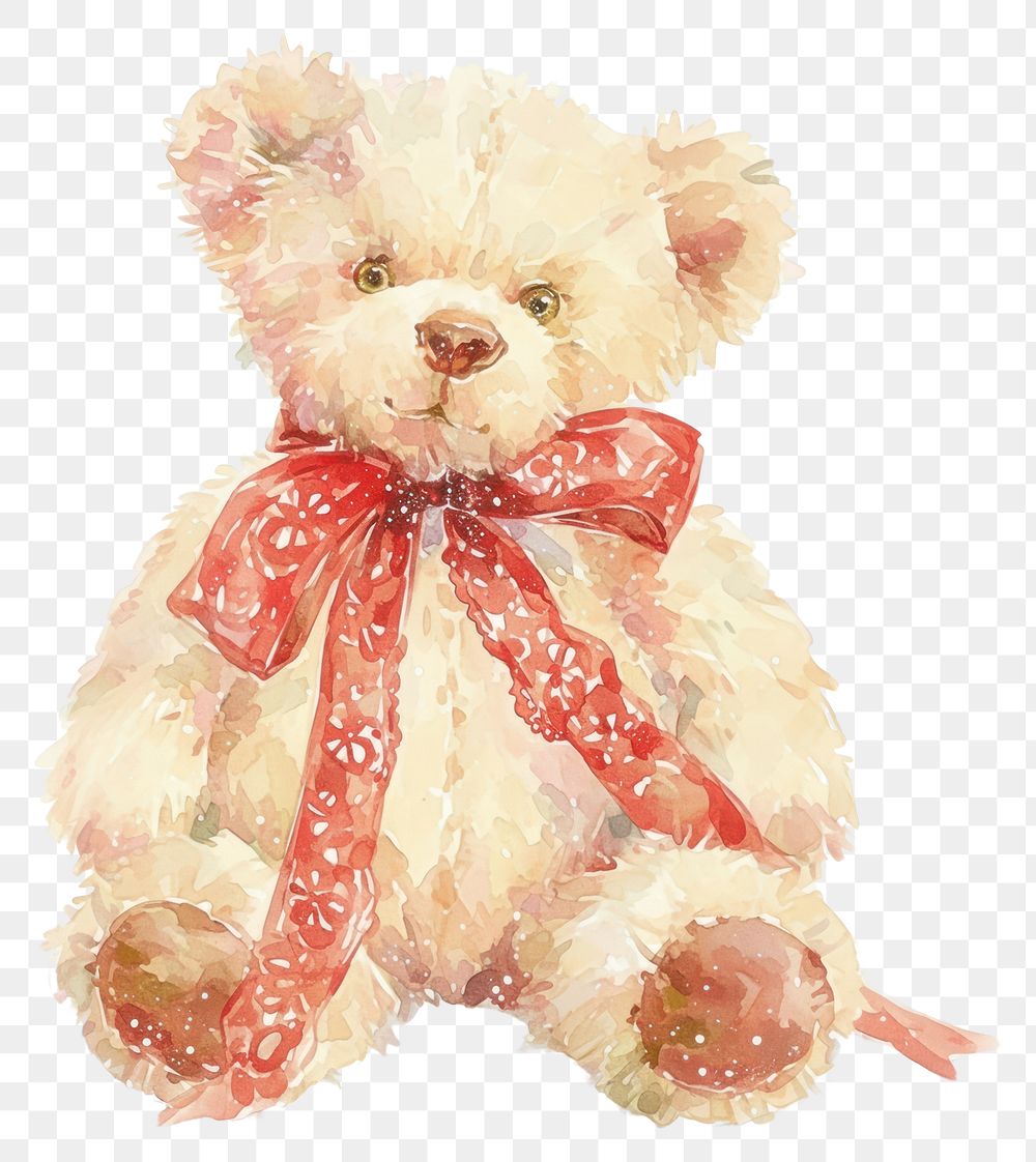 PNG Cute teddy bear illustration watercolor ribbon.