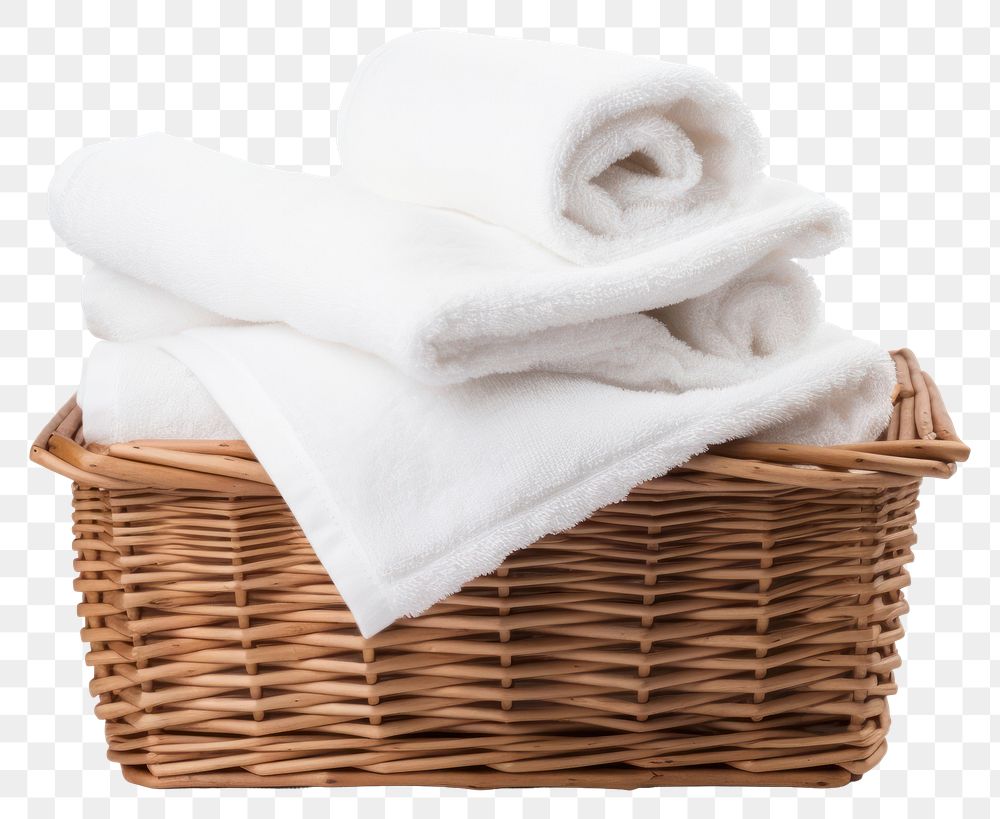 PNG Towel in a basket white white background container.