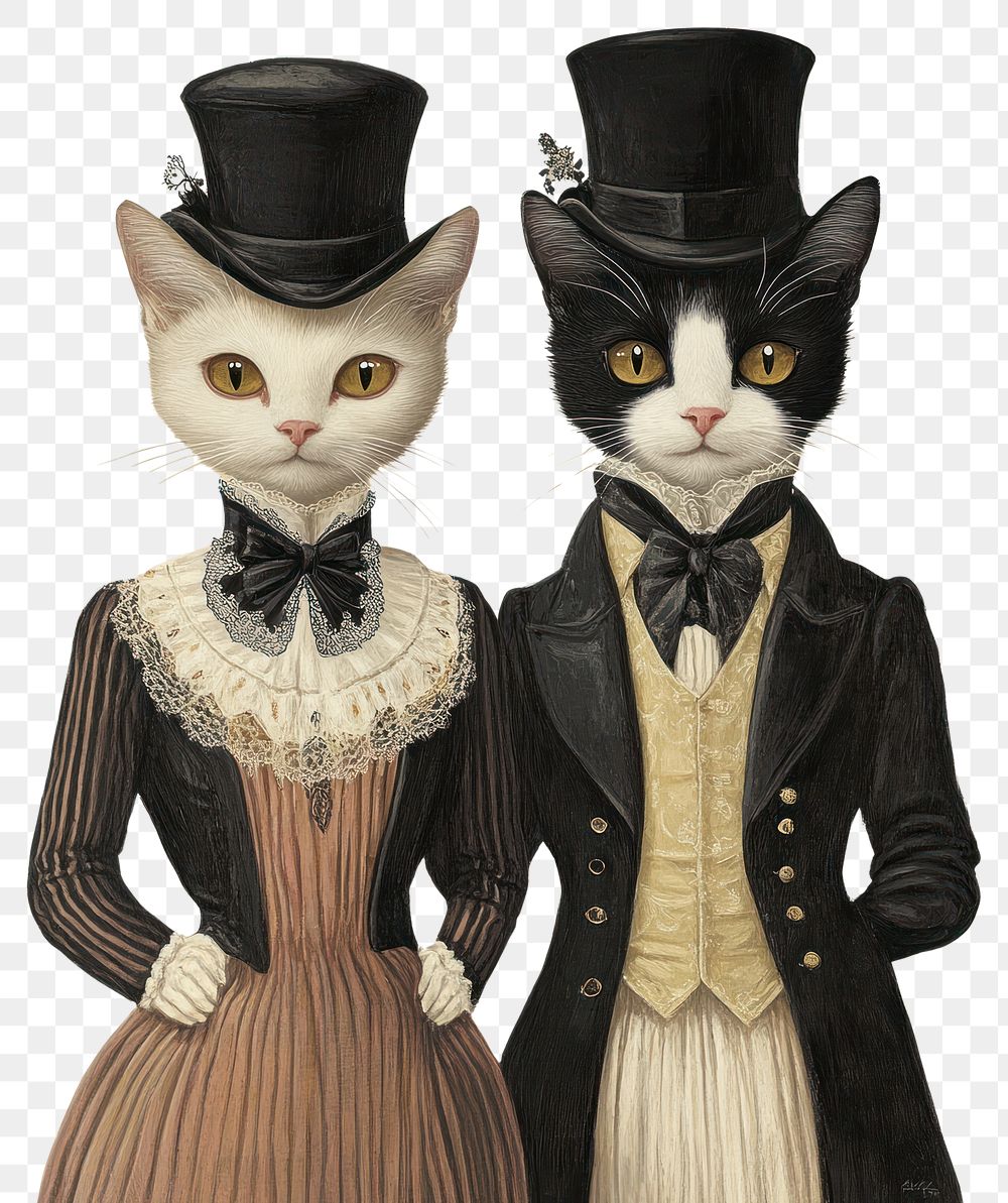 PNG Twin cat costumes wearing victorian fashion outfit animals painting human.