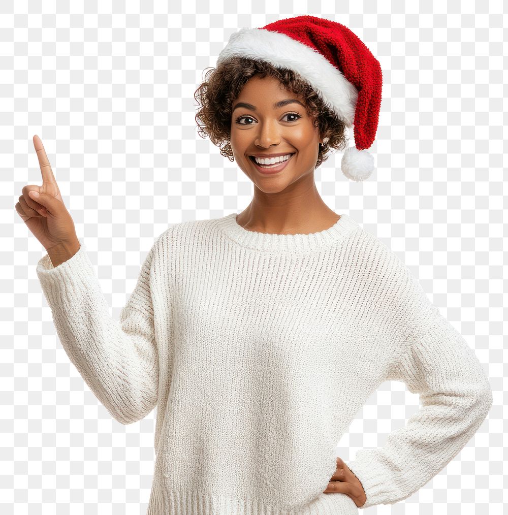 PNG Black woman pointing fingers sweater hat christmas.