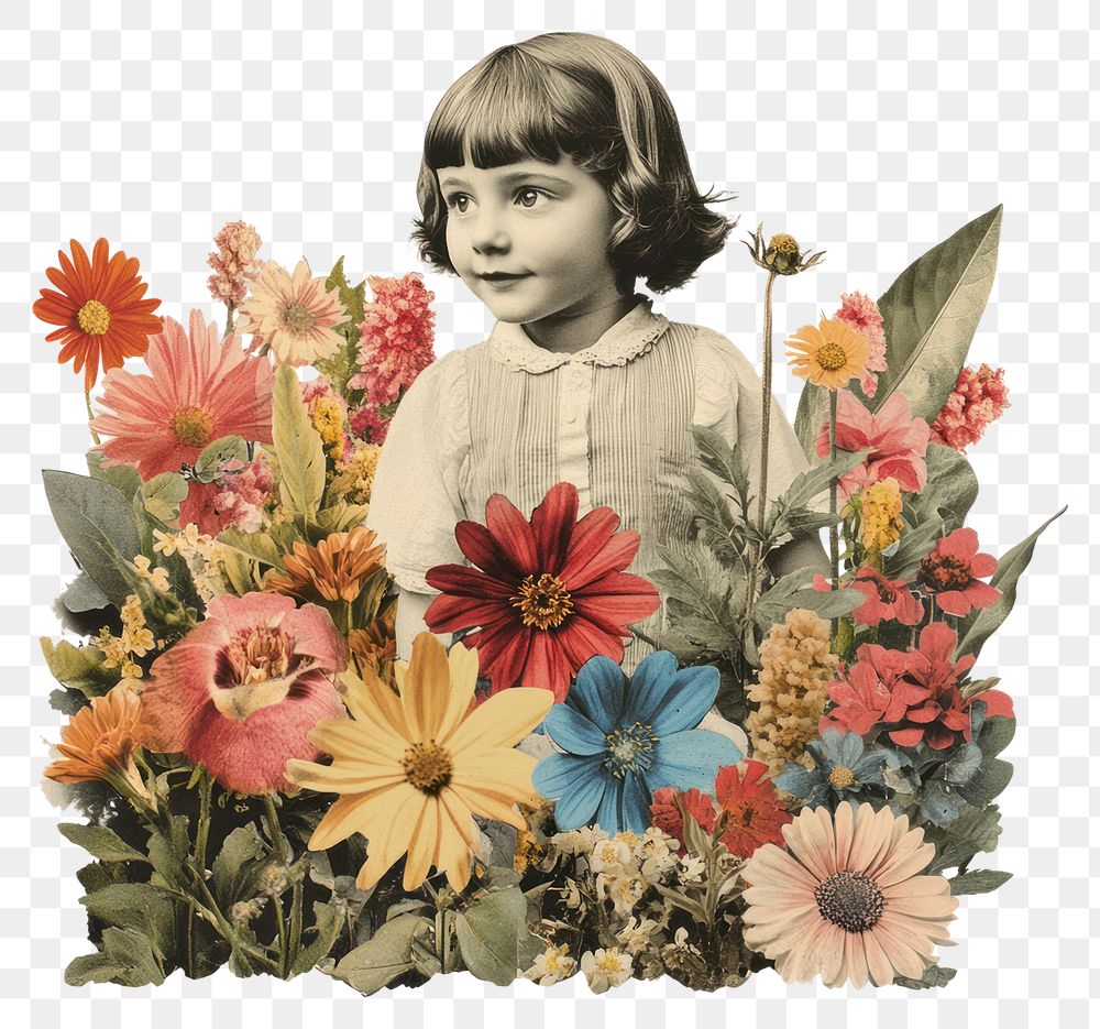 PNG Paper collage of girl flowers portrait colorful.