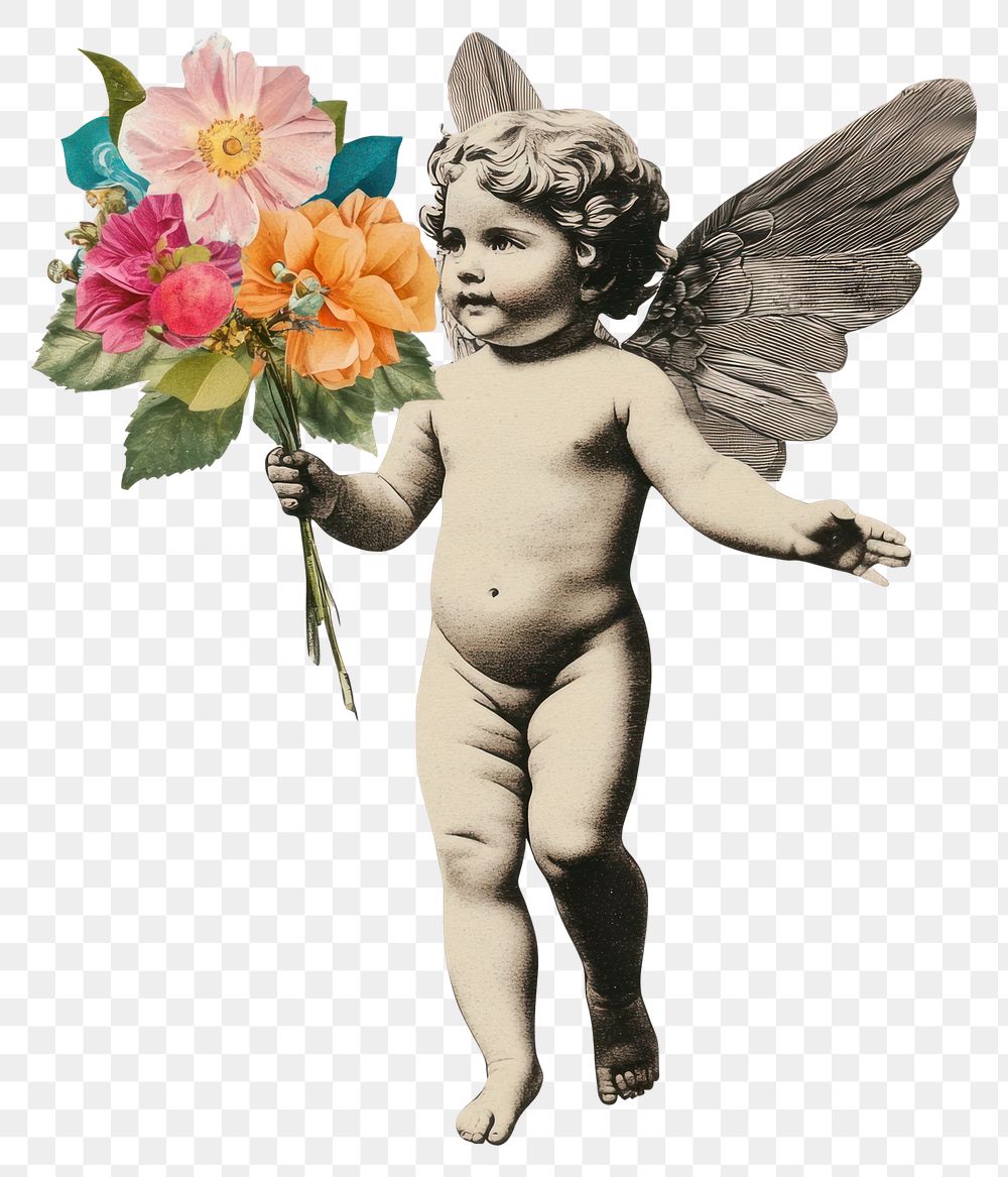 PNG Paper collage of cupid flower colorful vintage.