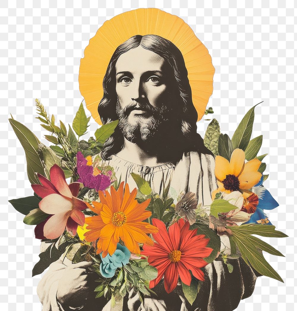 PNG Paper collage of jesus vintage flower photo.