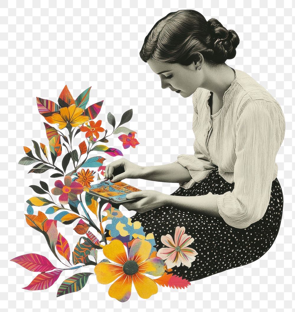 PNG Paper collage of woman playing game colorful vintage flowers.