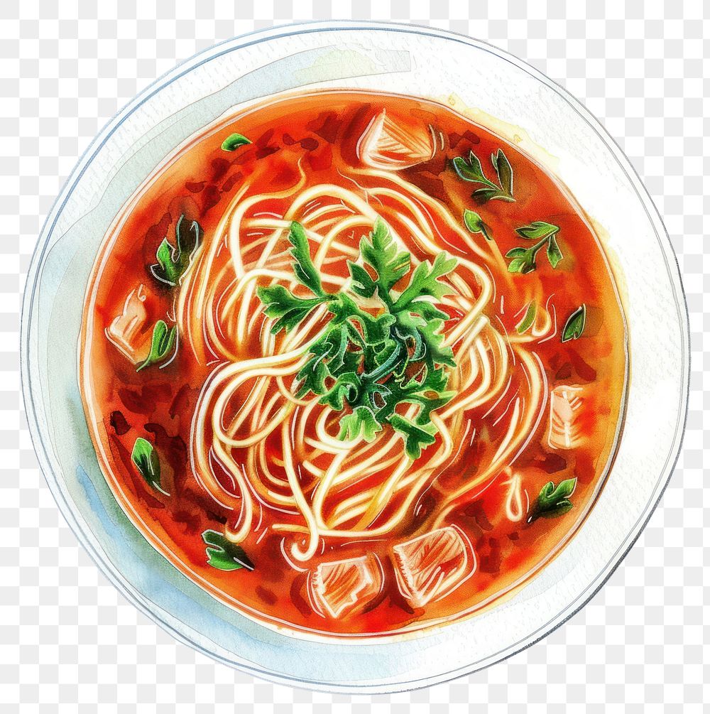 PNG An isolated Red pork noodle soup food illustration watercolor.