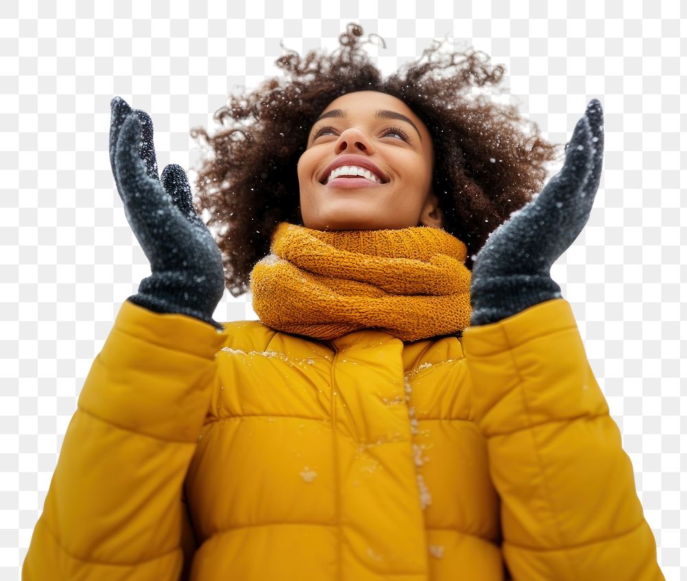 PNG A joyful woman in winter gloves outdoors looking.