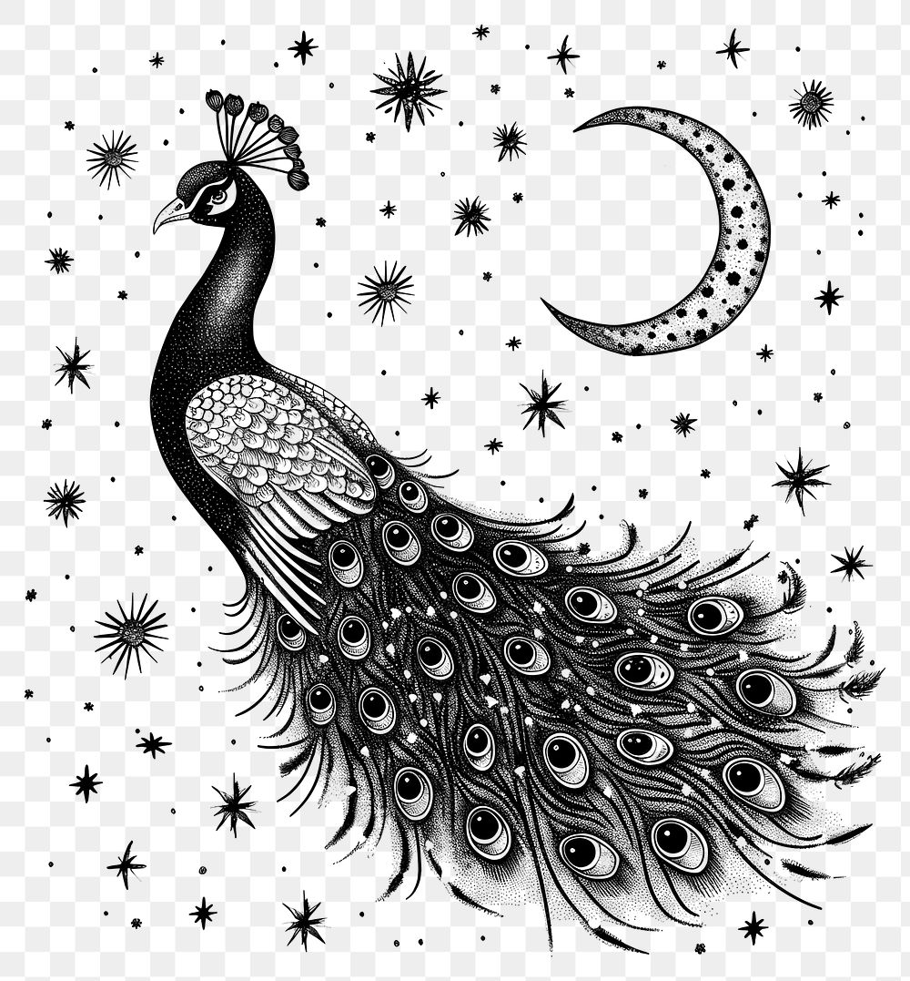 PNG Celestial illustration of Peacock with Comets peacock details white.